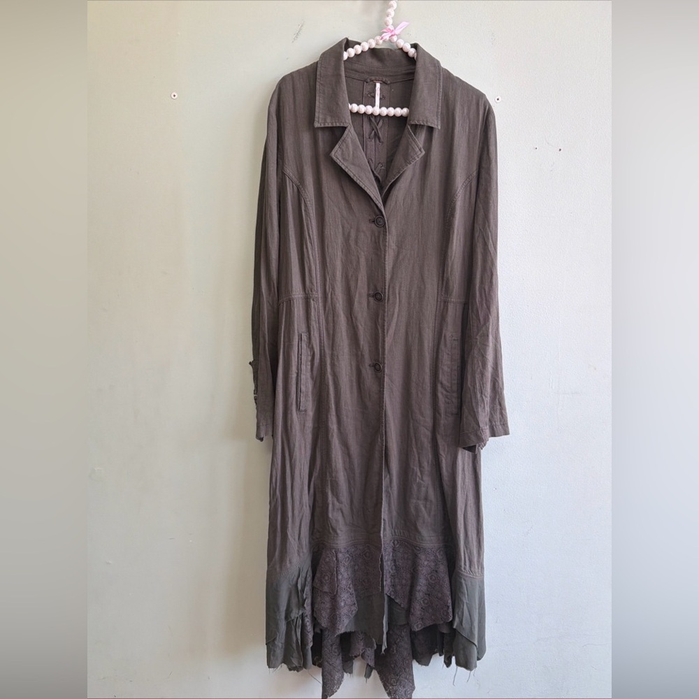 Vintage Free People Linen Maxi Jacket Duster Laced Up Back Lace Hem L - Picture 6 of 10